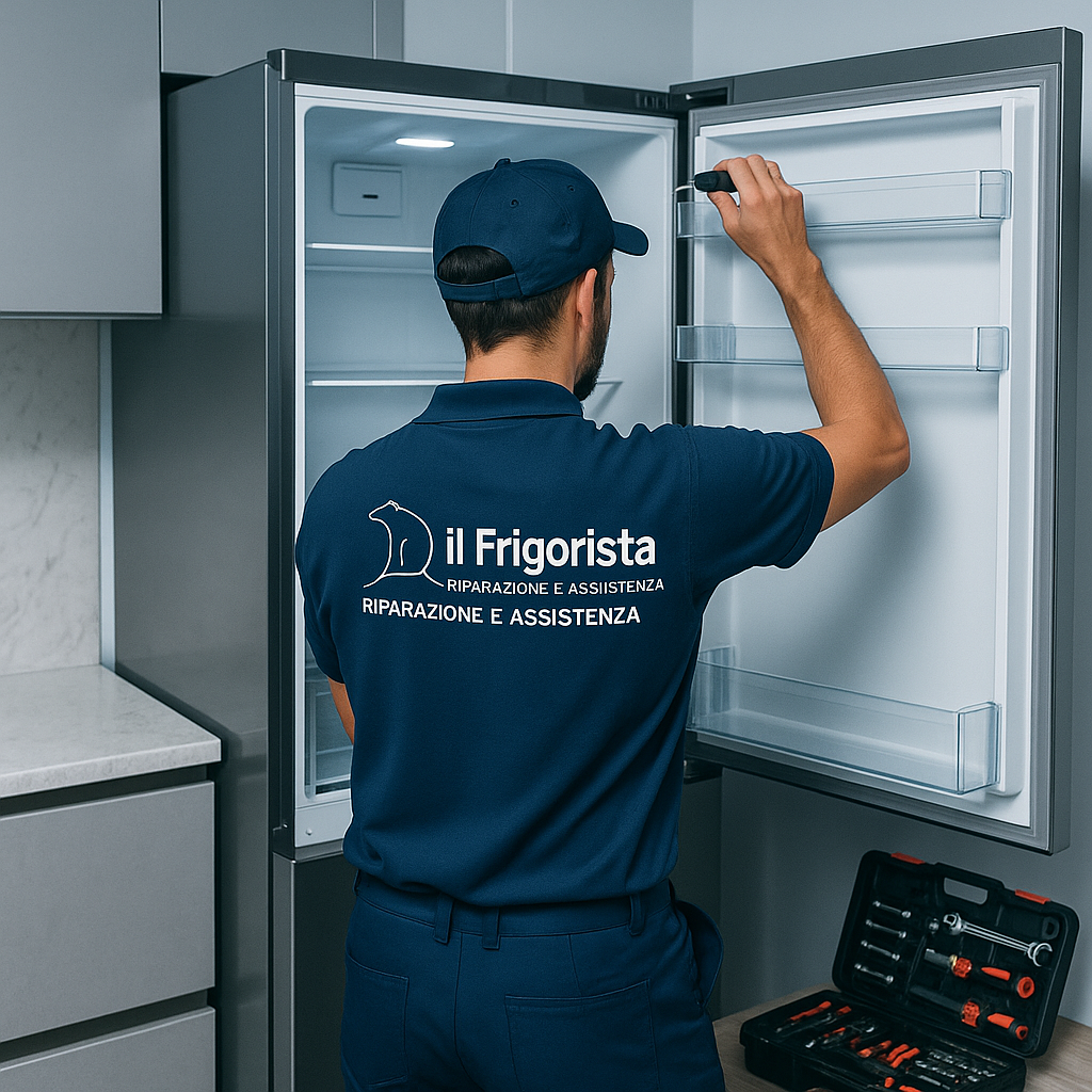 Tecnico frigorista che ripara frigorifero domestico a Roma